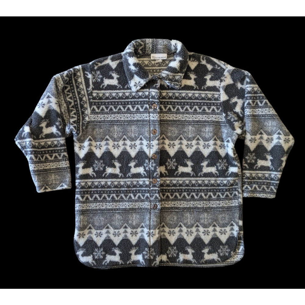 NY Jeans Vintage 90s Y2K Gray White Fair Isle Xmas Sherpa Teddy Shacket Medium